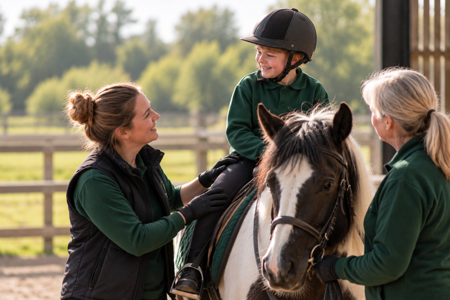 Smiling Child Riding a Piebald Pony